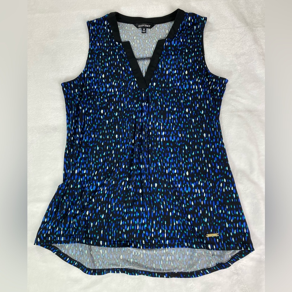 Ellen Tracy Sleeveless Blouse Women’s Medium V-neck Tank Top Blue Splatter